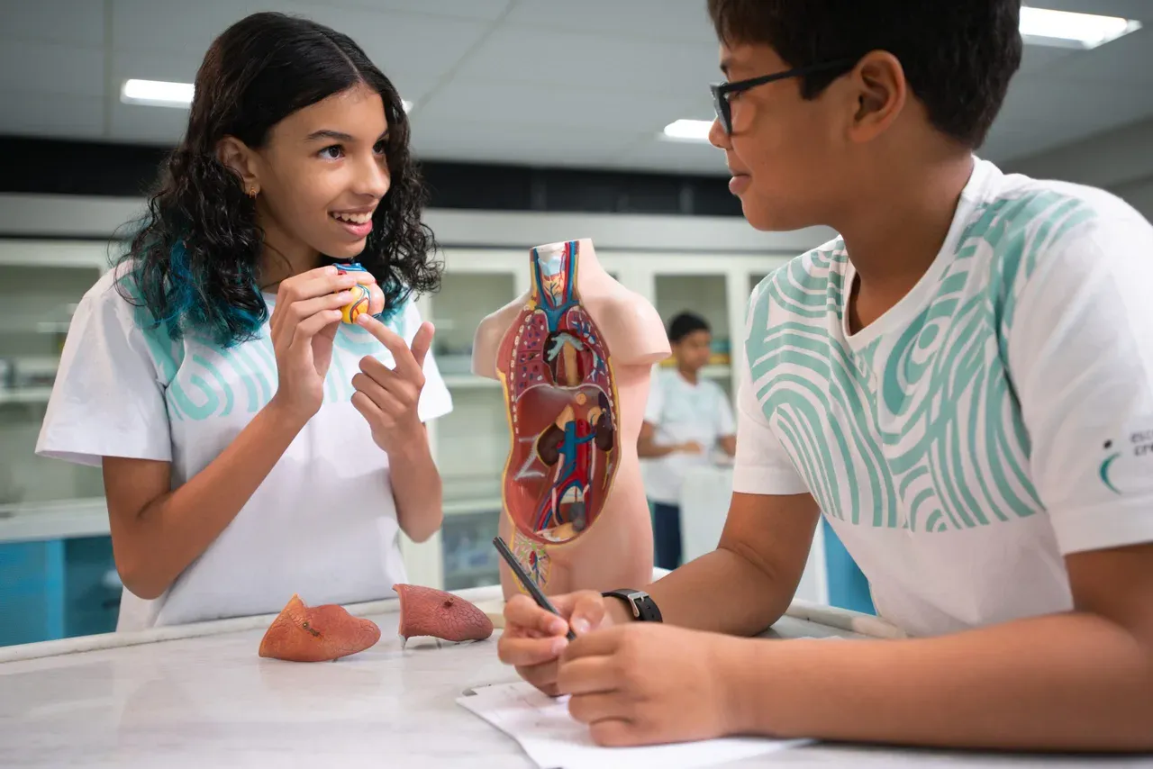 Estudantes investigando um modelo didático durante uma atividade de aprendizagem